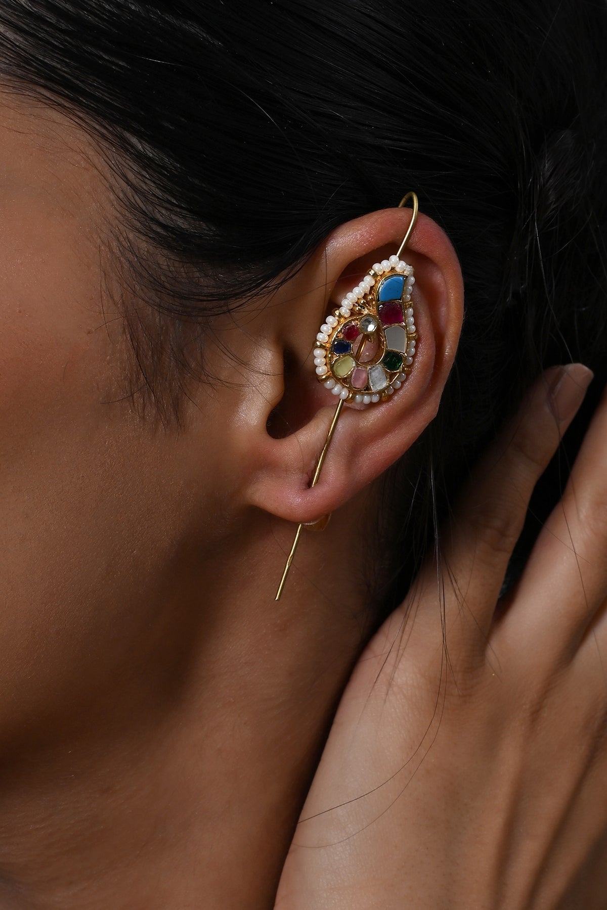Gold Plated Jadau Kundan Polki Cuff Earrings