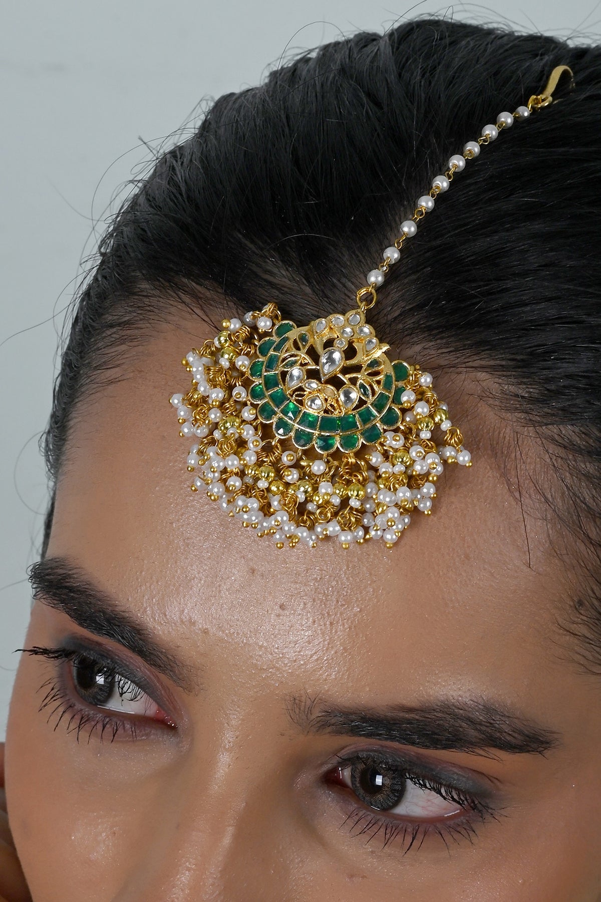 Gold Plated Green Jadau Kundan Polki Maangtikka