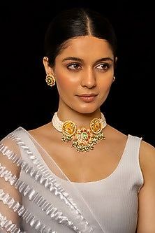 Gold Plated Kundan Polki & Semi-Precious Stone Choker Necklace Set