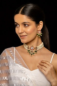 Gold Plated Kundan Polki & Semi-Precious Stone Choker Necklace Set