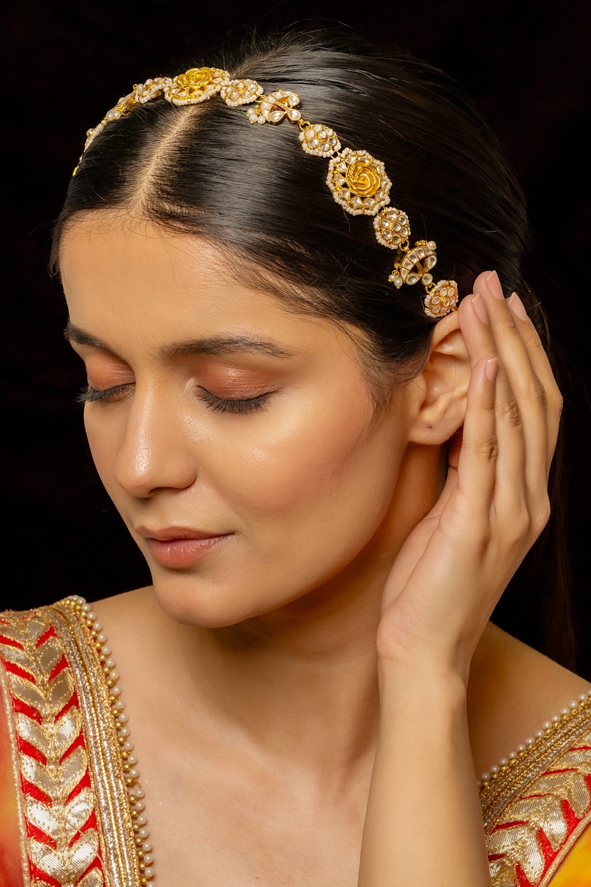 Gold Plated Kundan Polki & Semi-Precious Stone Headband
