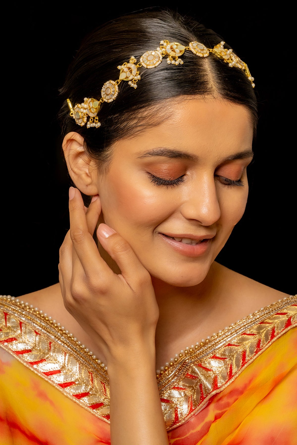 Gold Plated Kundan Polki & Semi-Precious Stone Headband