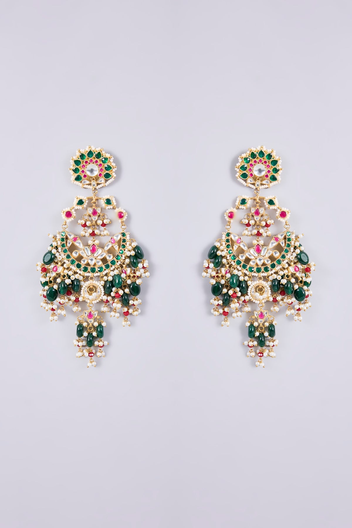 Gold Plated Kundan Polki & Semi-Precious Stone Jadau Chandbali Earrings