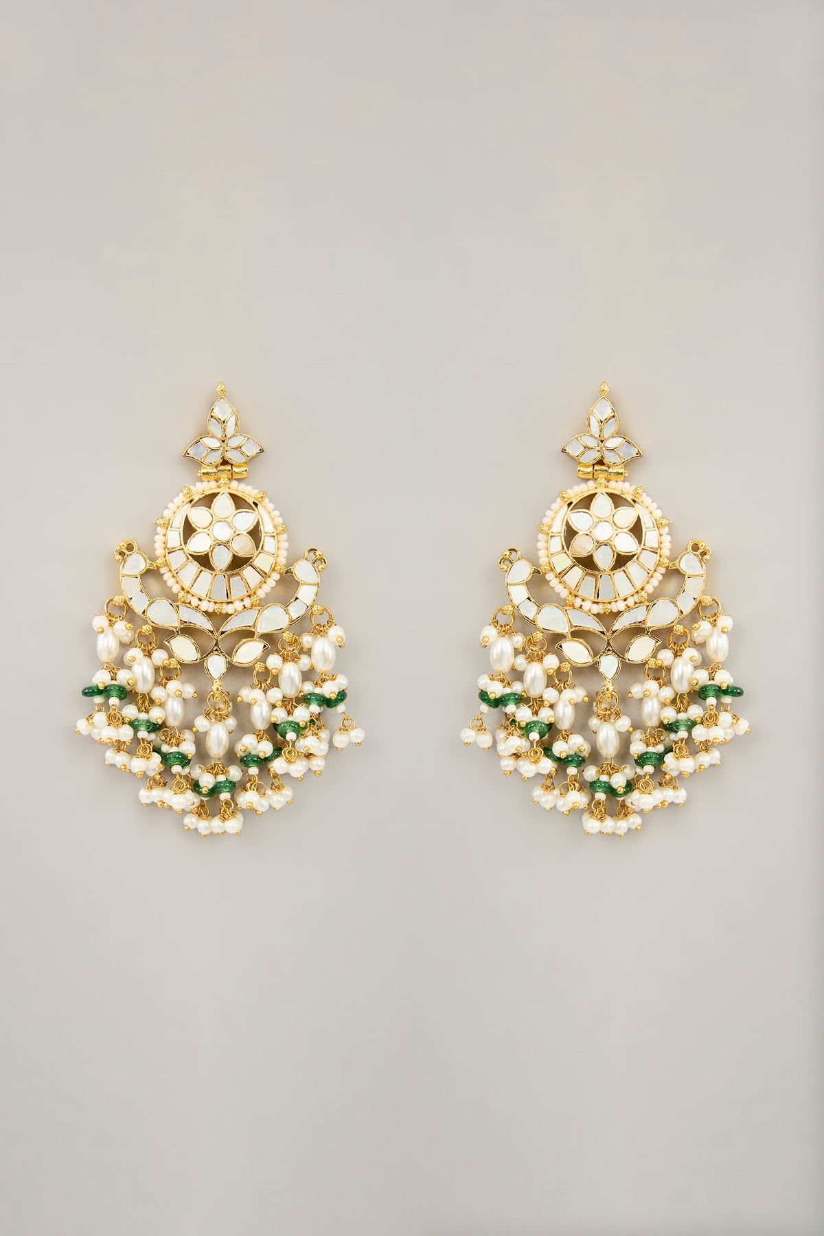 Gold Plated Jadau Mother Of Pearl & Natural Gemstone Dangler Earrings