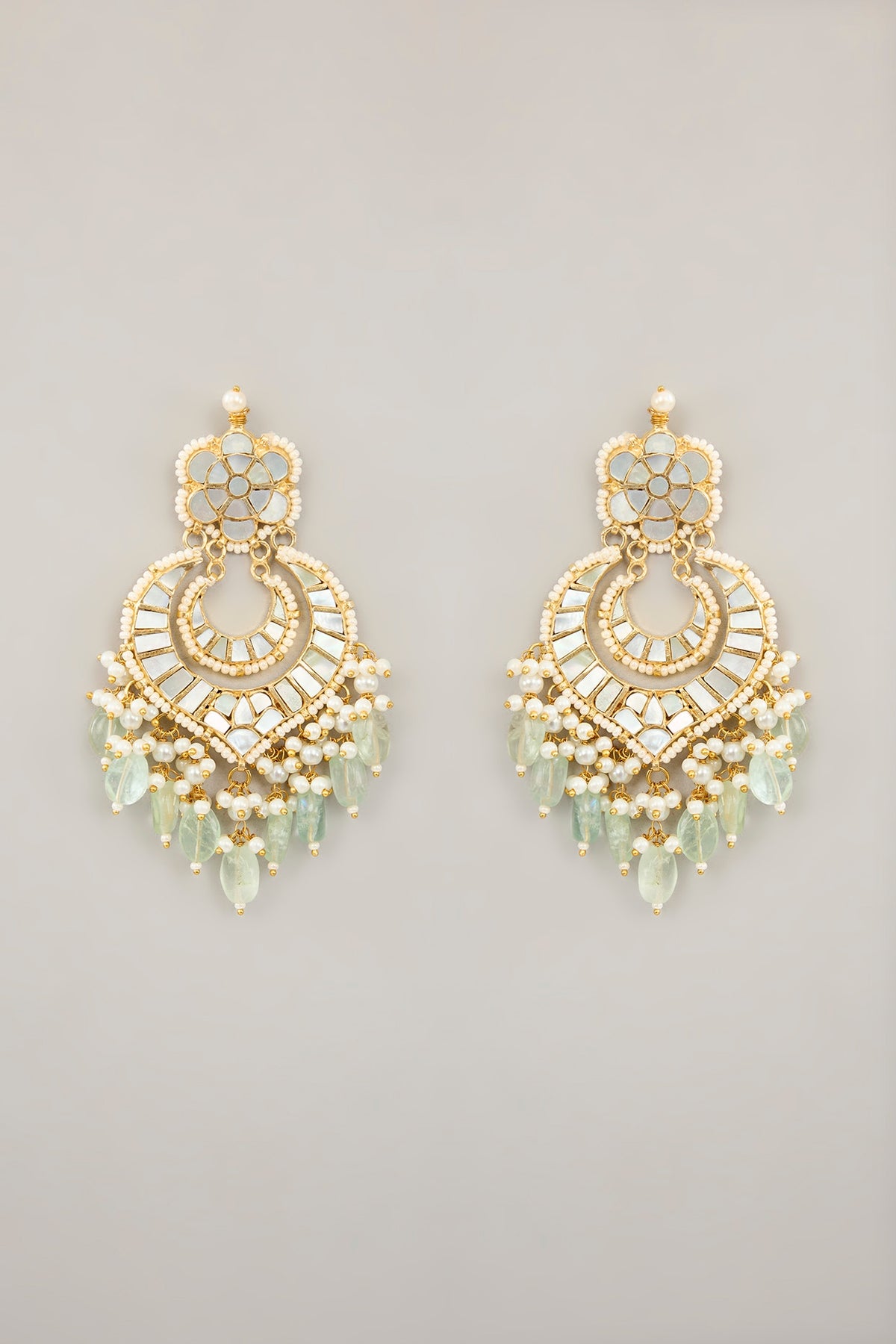 Gold Plated Mother Of Pearl & Natural Gemstone Chandbali Earrings