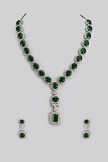 White Finish Emerald Stone & Zircon Long Necklace Set