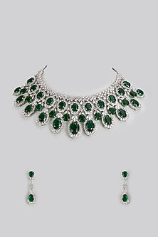 White Finish Emerald Stone & Zircon Necklace Set