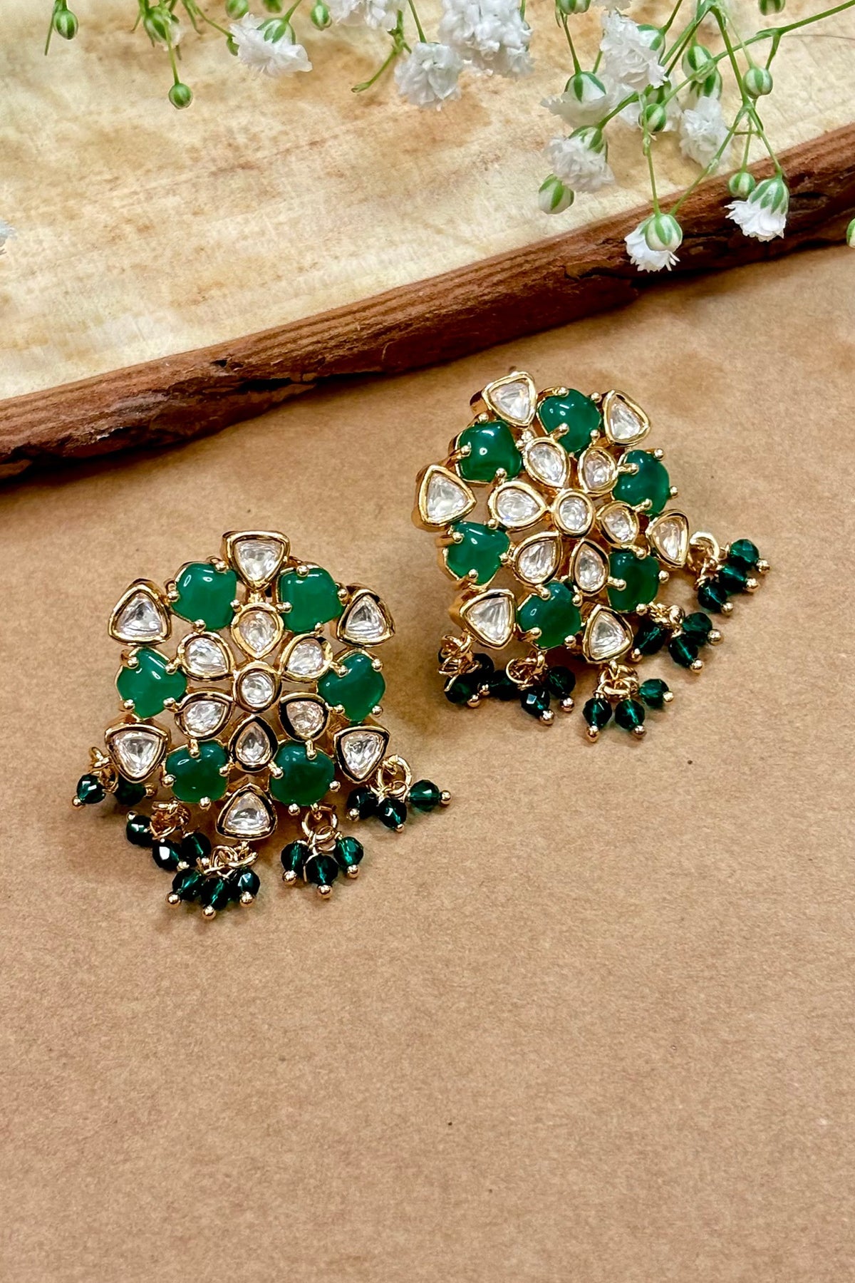 Gold Finish Kundan Polki & Green Stone Stud Earrings