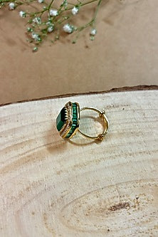 Gold Finish Kundan Polki & Emerald Stone Handcrafted Enameled Ring