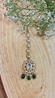 Gold Finish Kundan Polki & Green Drop Handcrafted Enameled Maangtikka