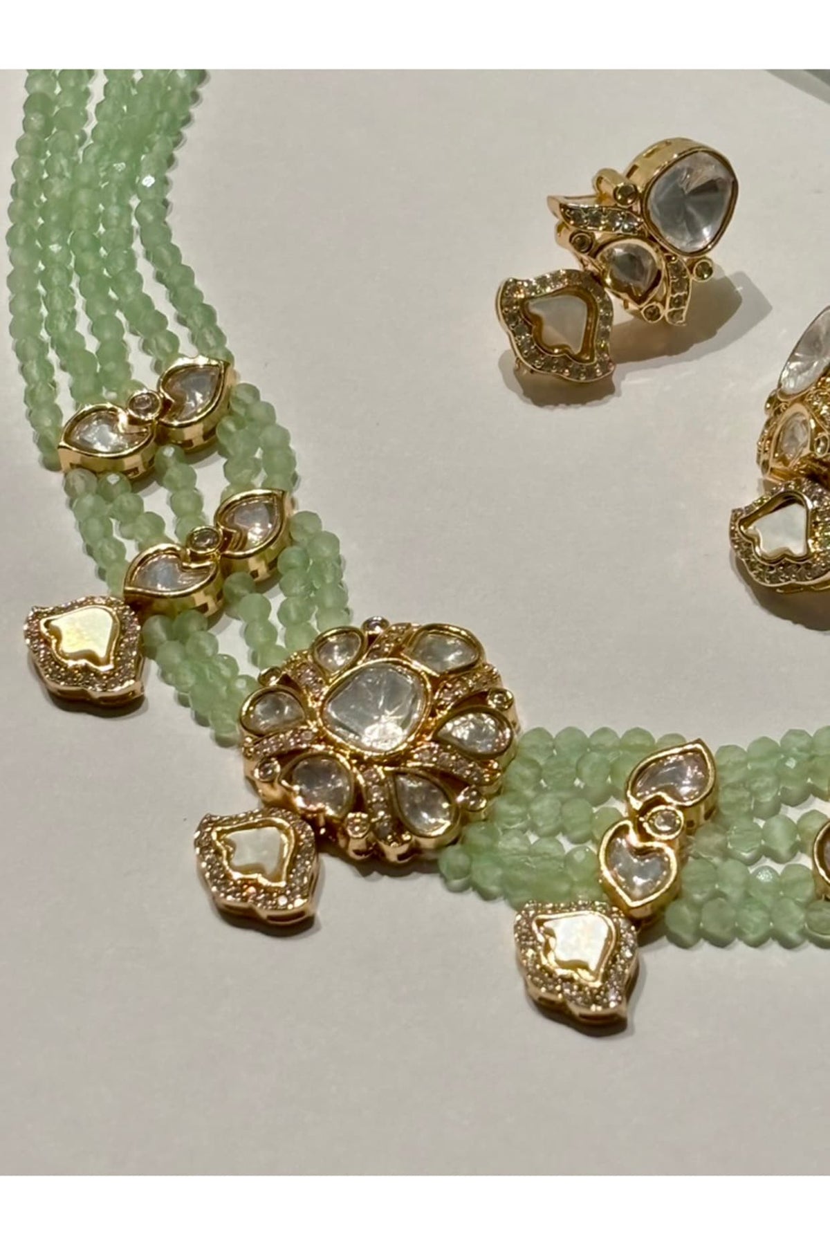 Gold Finish Kundan Polki & Light Green Beaded Enameled Choker Necklace Set