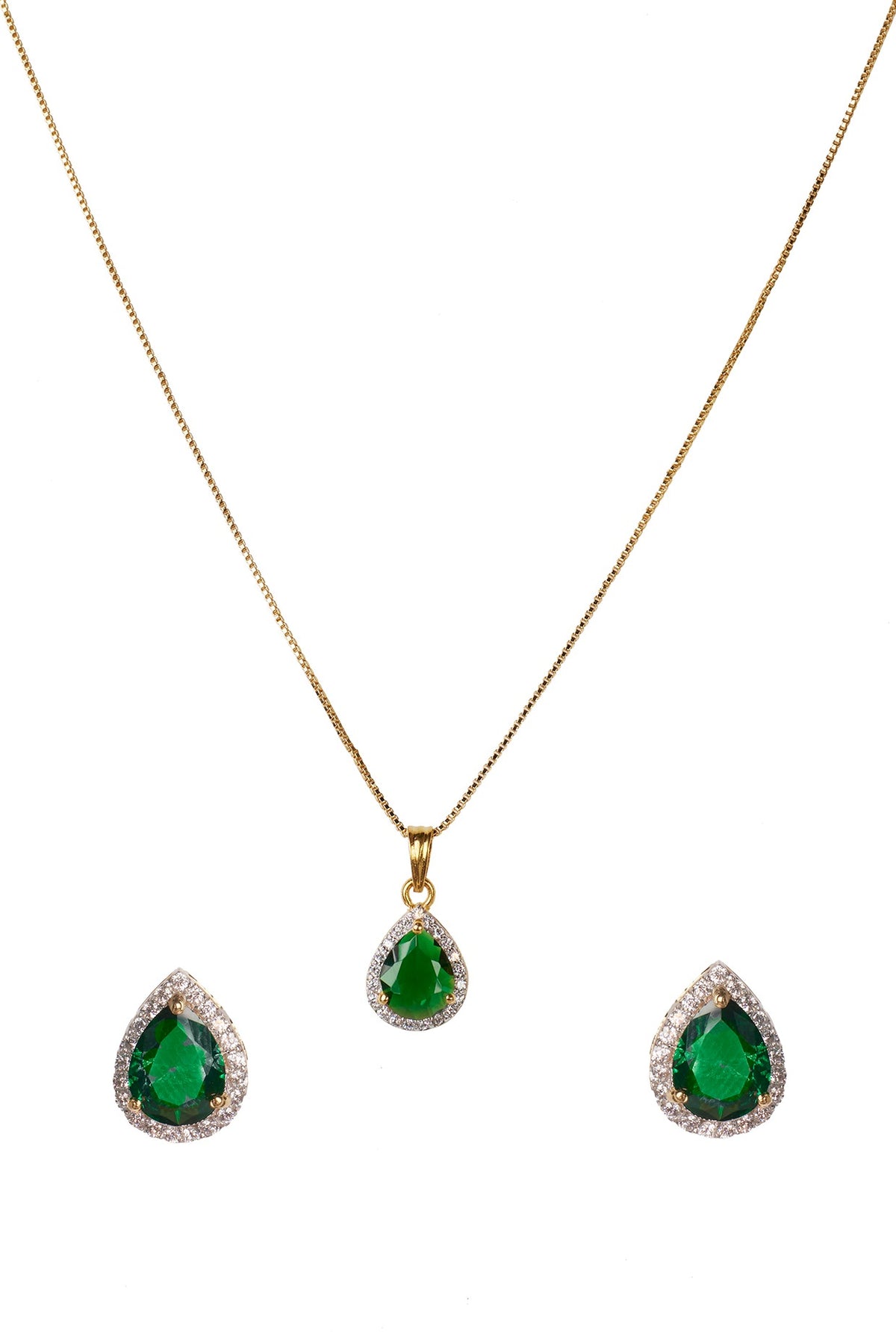 Gold Plated Green Zircon Long Pendant Necklace Set In Sterling Silver