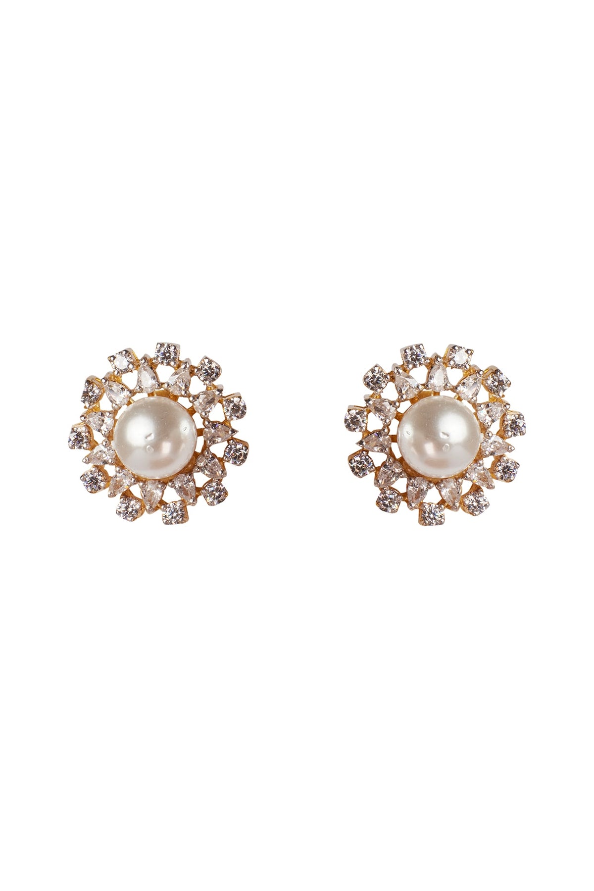 Gold Plated White Zircon & Pearl Stud Earrings In Sterling Silver
