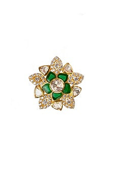 Gold Plated Green Kundan Polki Ring In Sterling Silver