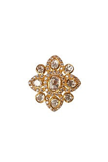 Gold Plated Kundan Polki Ring In Sterling Silver