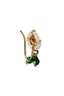 Gold Plated Green Kundan Polki Nose Ring In Sterling Silver