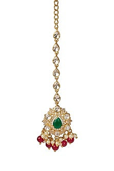 Gold Plated Multi-Colored Kundan Polki Maang Tikka In Sterling Silver