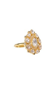 White Gold Plated Kundan Polki Ring In Sterling Silver