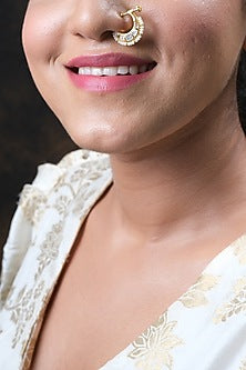 Gold Finish Kundan Polki Nose Ring In Sterling Silver