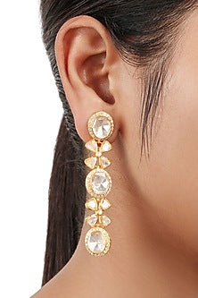 Gold Finish Moissanite Polki Handcrafted Dangler Earrings In Sterling Silver