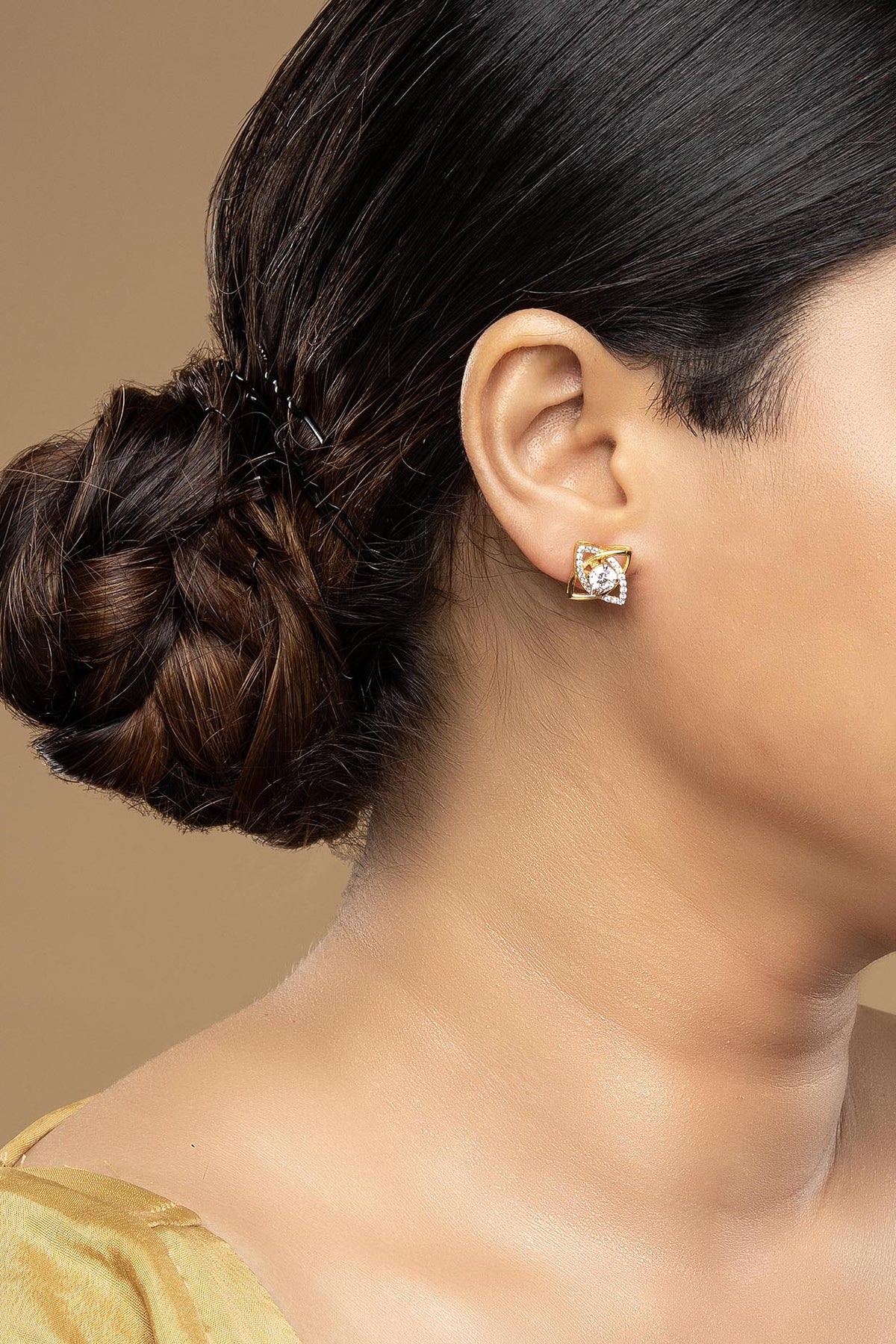Gold Rhodium Plated Zircon Stud Earrings In Sterling Silver