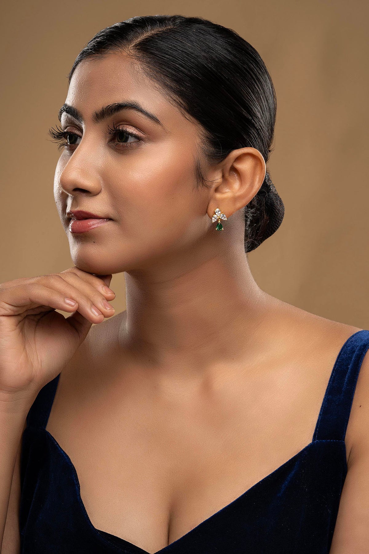 Gold Rhodium Plated Zircon & Green Stone Dangler Earrings In Sterling Silver