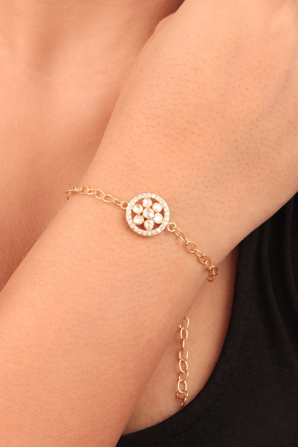 Gold Finish Moissanite Polki Bracelet In Sterling Silver