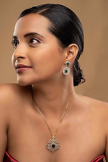 Gold Rhodium Plated Green Zircon Pendant Chain Necklace Set In Sterling Silver