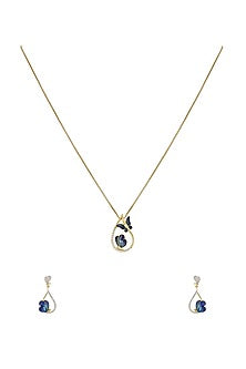 Gold Rhodium Plated Blue Zircon Pendant Chain Necklace Set In Sterling Silver