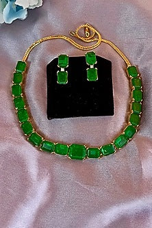 Gold Finish Green Zircon Necklace Set In Sterling Silver