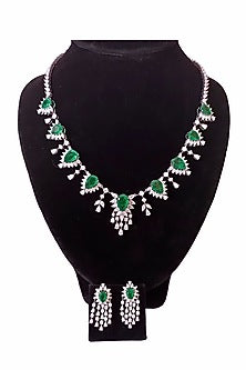White Finish Cubic Zirconia & Green Doublet Stone Necklace Set In Sterling Silver