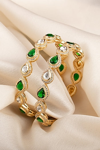 Gold Finish Mossainite Polki Bangles In Sterling Silver