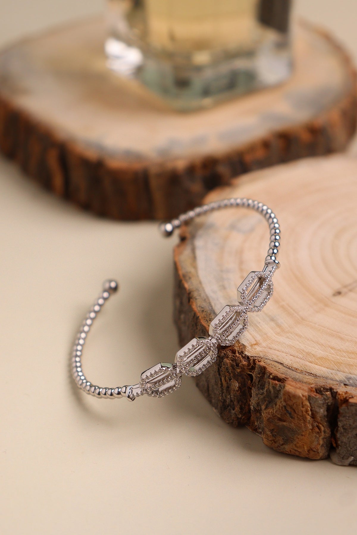 White Finish Crystal Kada In Sterling Silver