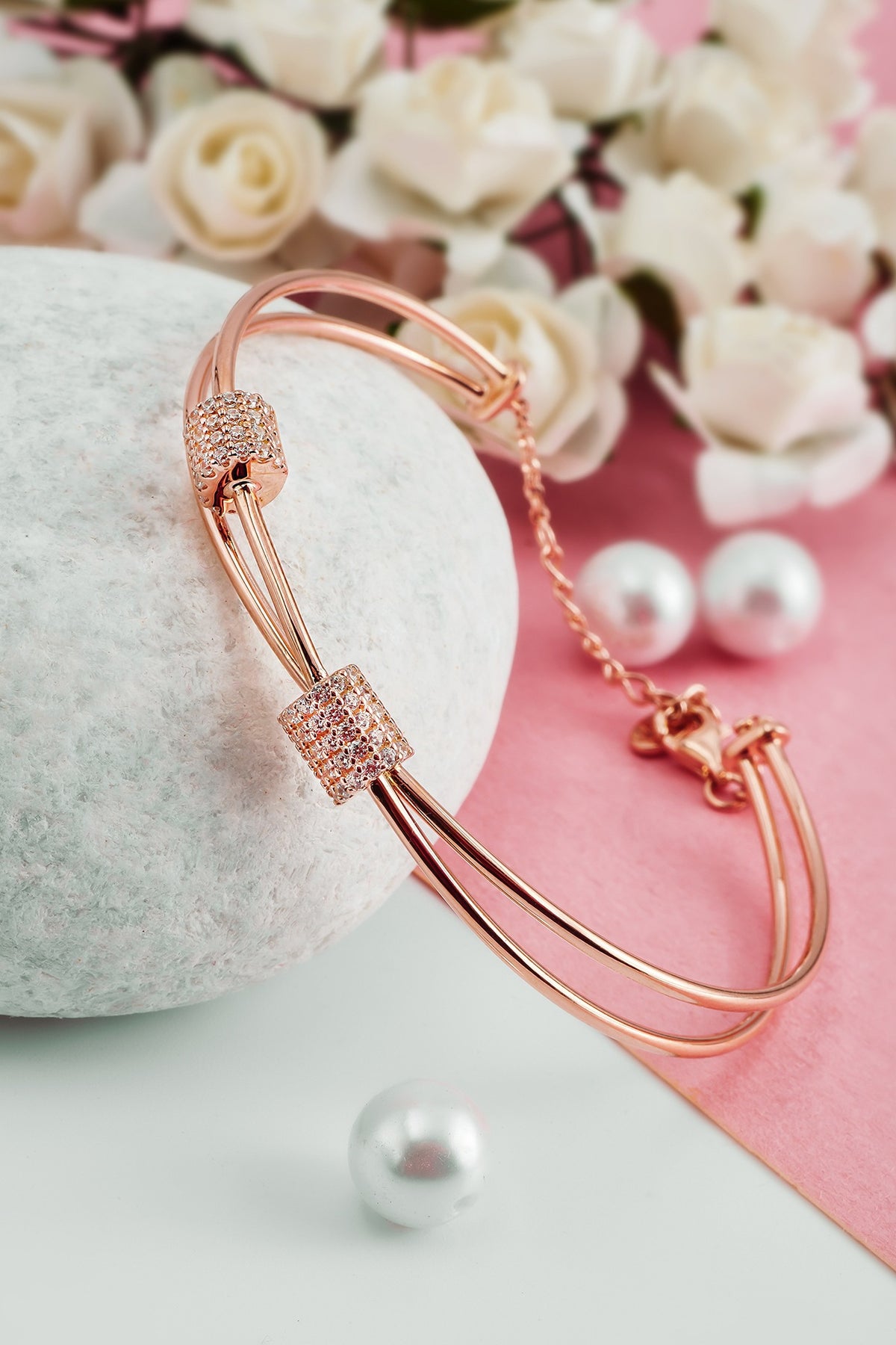 Rose Gold Finish Crystal Bracelet In Sterling Silver