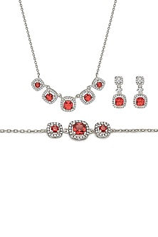 White Finish Red Crystal & Cubic Zirconia Choker Necklace Set In Sterling Silver
