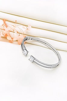 White Rhodium Finish Laser Cut Cubic Zirconia Kada In Sterling Silver