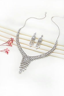 White Rhodium Finish Laser Cut Cubic Zirconia Scarlett Necklace Set In Sterling Silver
