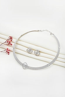 White Rhodium Finish Laser Cut Cubic Zirconia Quadrant Necklace Set In Sterling Silver