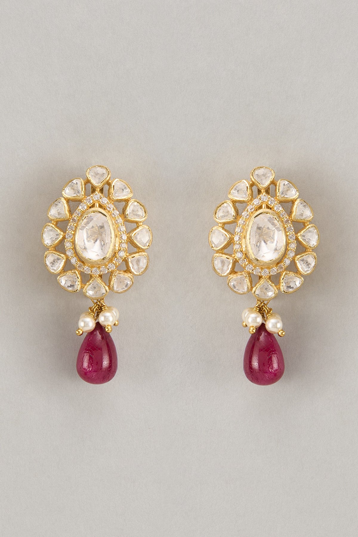 Gold Finish Zircon & Kundan Polki Dangler Earrings In Sterling Silver
