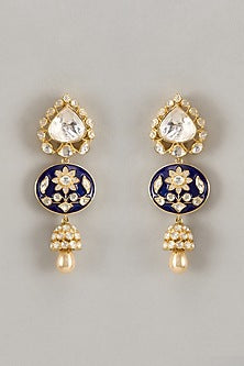 Gold Finish Pearl & Kundan Polki Dangler Earrings In Sterling Silver
