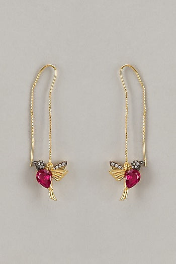 Gold Finish Zircon Sui-Dhaga Dangler Earrings In Sterling Silver