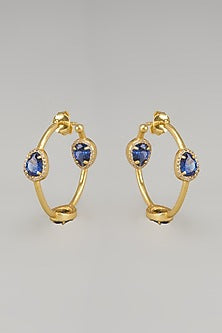 Gold Finish Blue Glass Gemstone & Zircon Hoop Earrings In Sterling Silver
