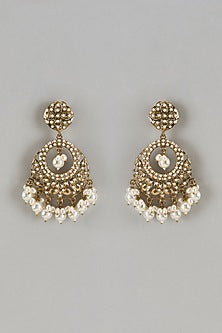 Gold Finish Pearl Drops & Aari Work Chandbali Earrings