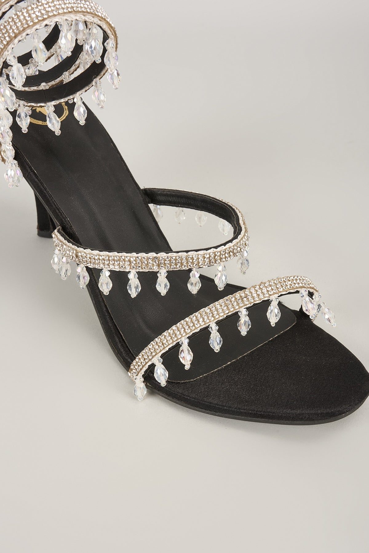 Black Vegan Satin Spring Embellished Heels