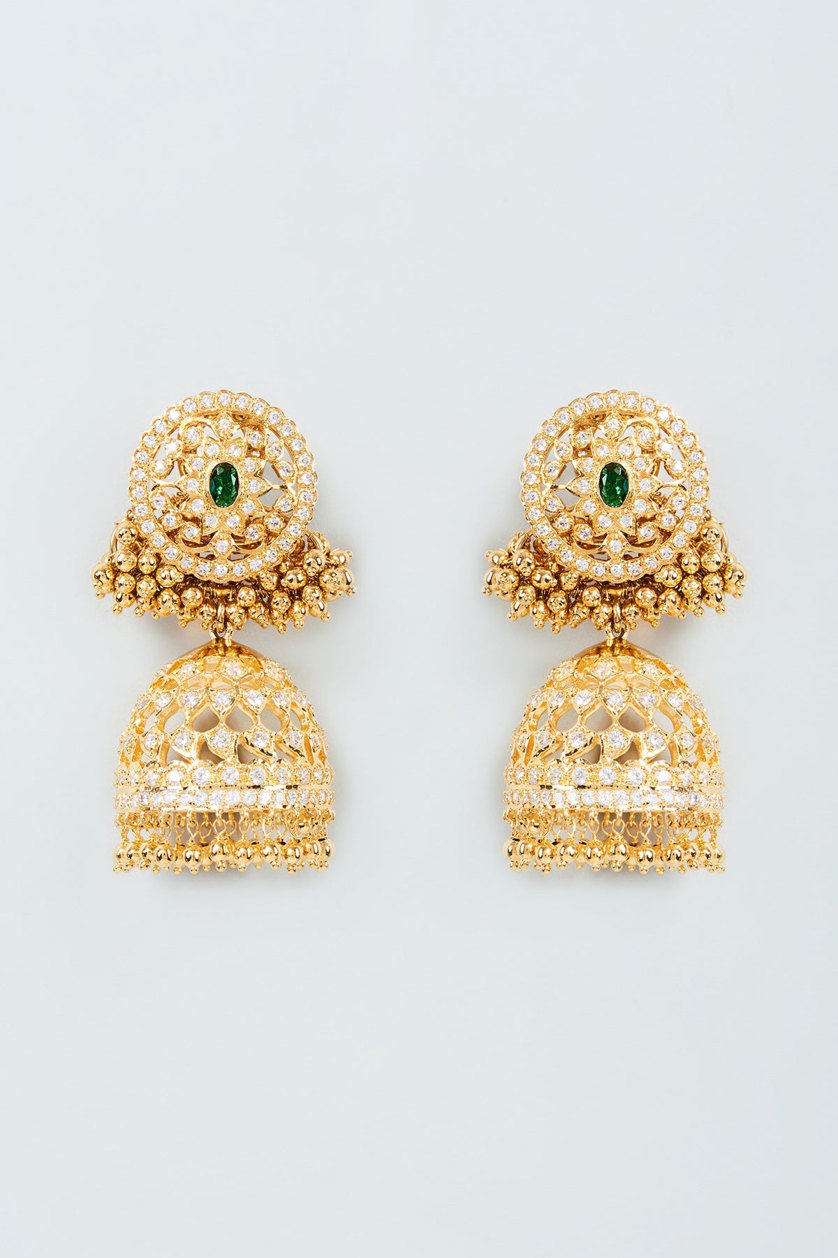 Gold Finish Cubic Zirconia & Emerald Jhumka Earrings in Sterling Silver
