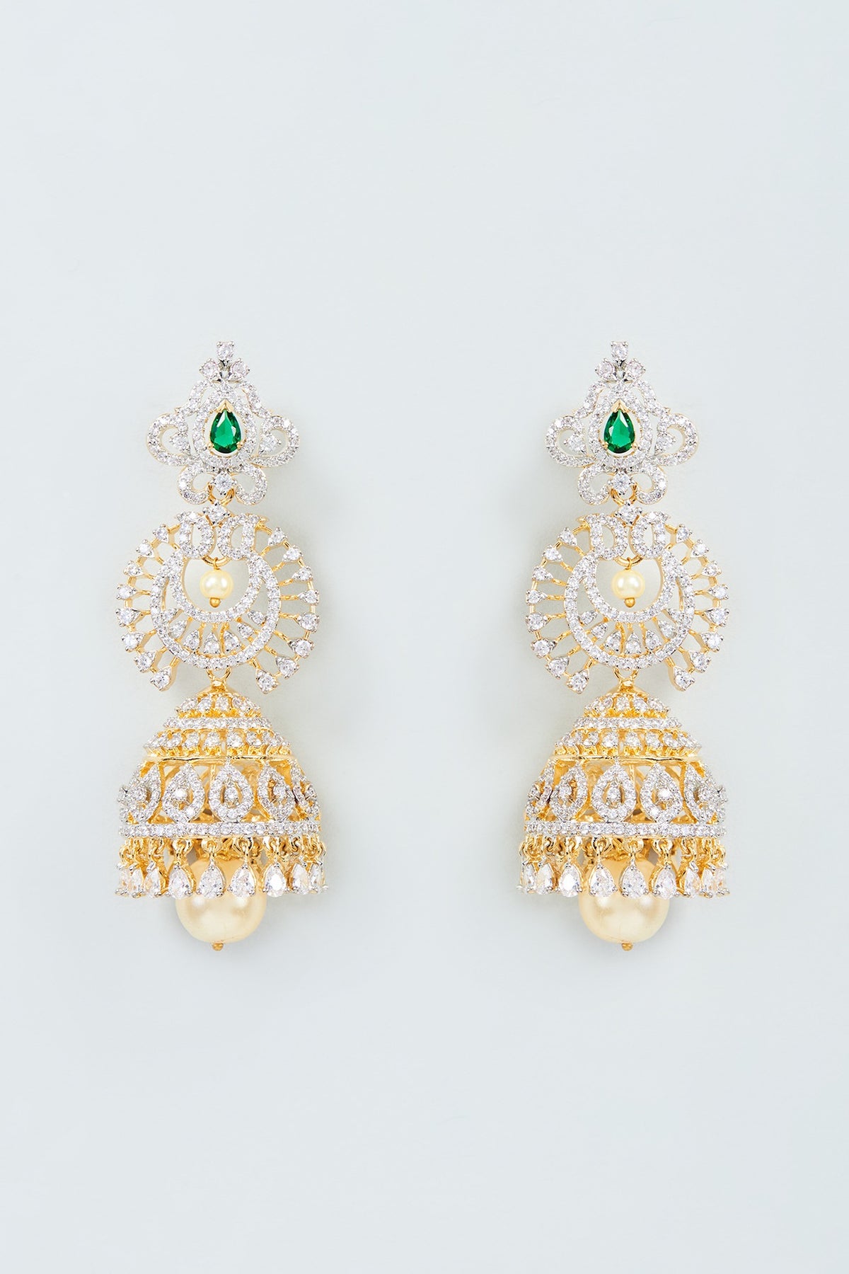 Two Tone Finish Zircon Jhumka Earrings in Sterling Silver