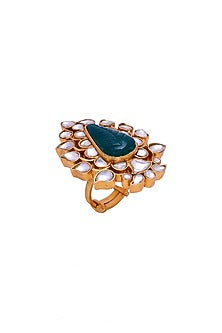 Gold Plated Crystal Polki Handcrafted Ring In Sterling Silver