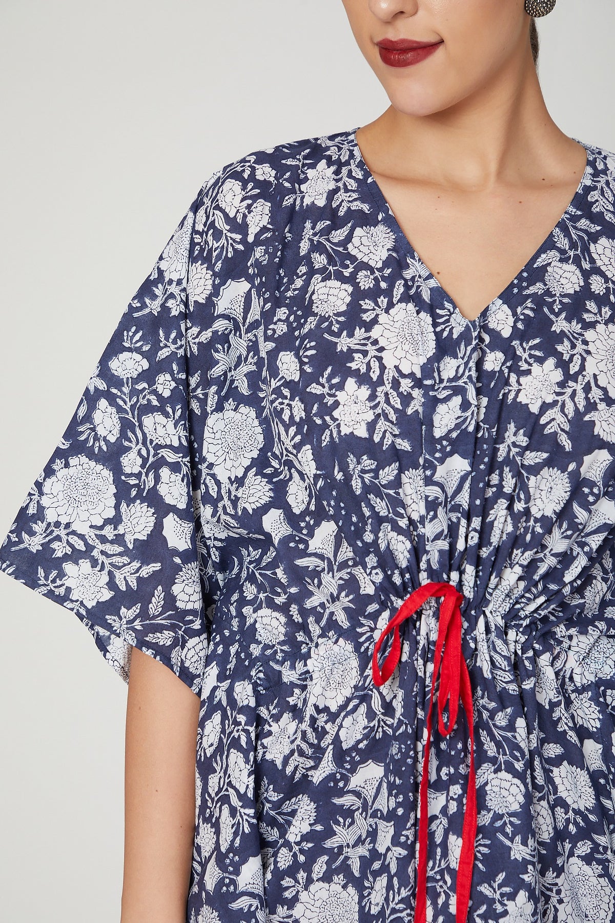 Blue & White Printed Kaftan Dress With Drawstring