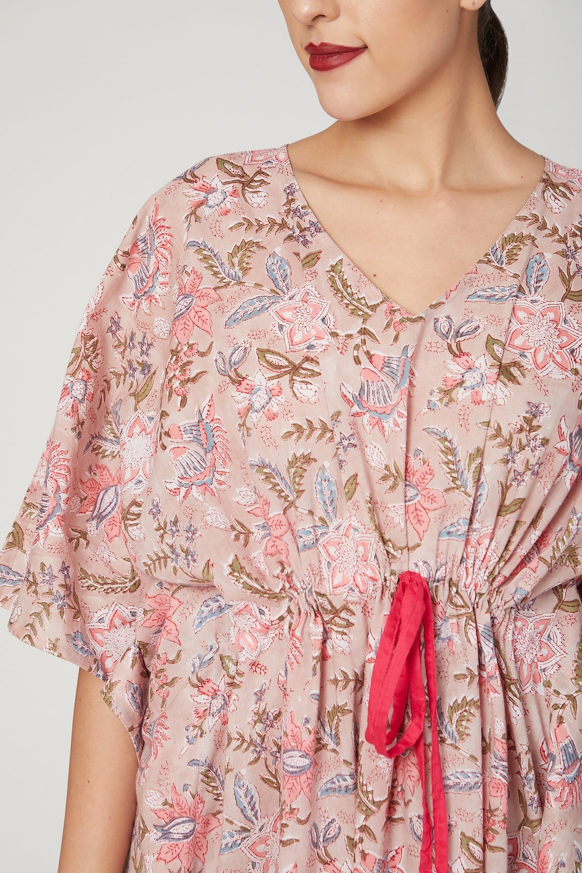 Pink Printed Kaftan Dress With Drawstring