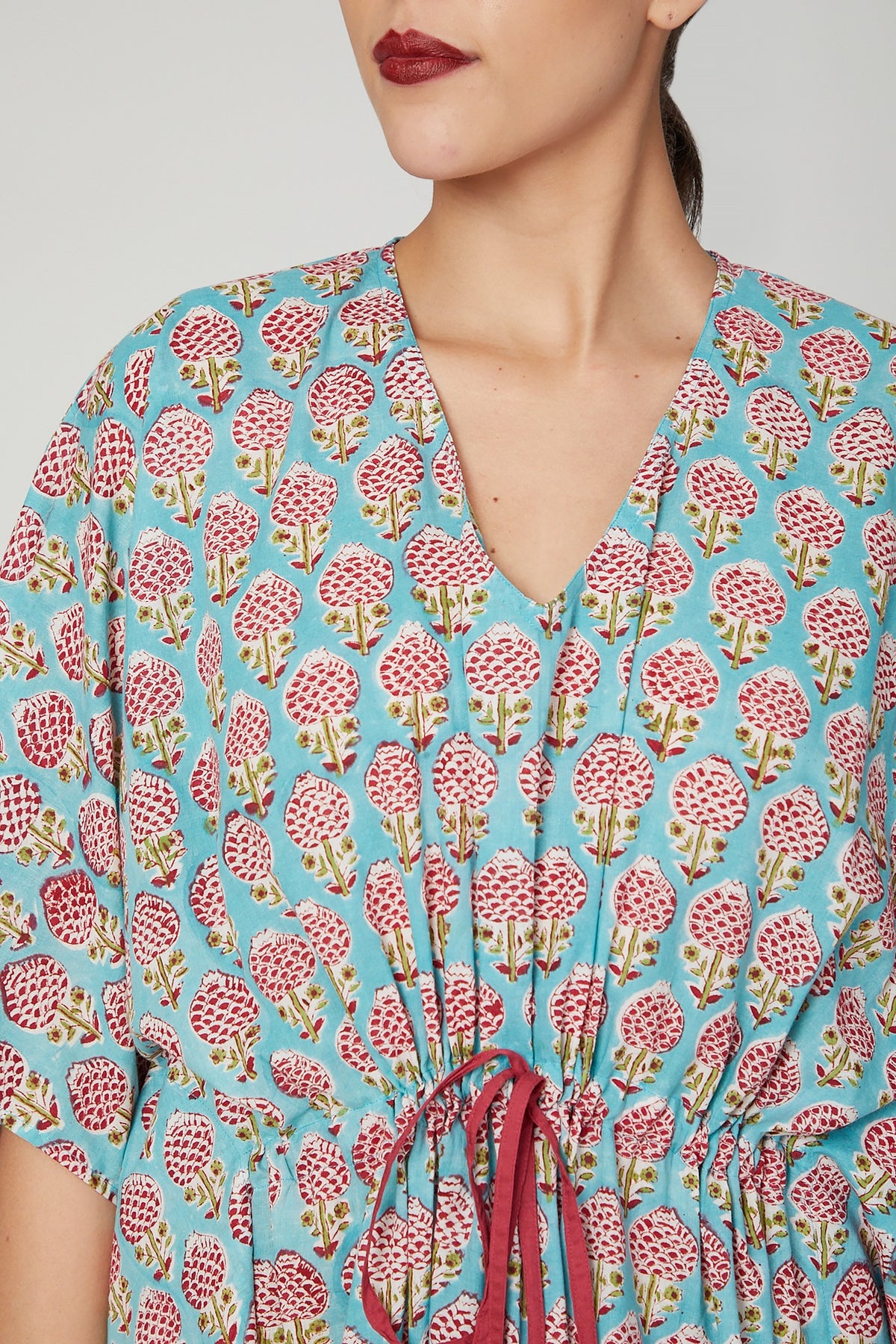 Turquoise Printed Kaftan With Drawstring